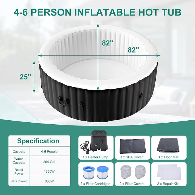 DoCred 4-6 Person Inflatable Hot Tub, 82" X 82" X 25" Round Blow up Portable Hot tub with 130 Bubble Jets, Large Outdoor Spa Bathtub Set Included Heater Pump, Insulated Cover and Filter