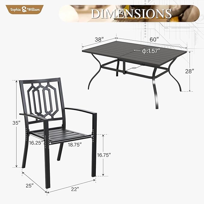 Sophia & William Patio Dining Set Metal Outdoor Table and Chairs Furniture Set 7 Piece, Large 60.2" Dining Table with Umbrella Hole and 6 Backyard Garden Chairs Support 300LBS for Deck, Lawn, Garden