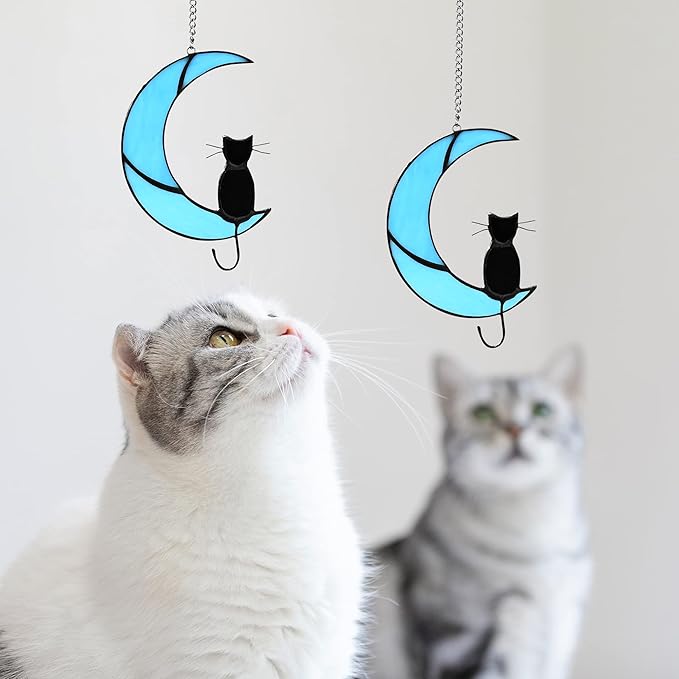 Cat Memorial Gifts Stained Glass Black Cat Decor Window Hanging Ornament Garden Suncatcher Gifts for Cat Lover Cat Gift for Women (Black Cat on Blue Moon)