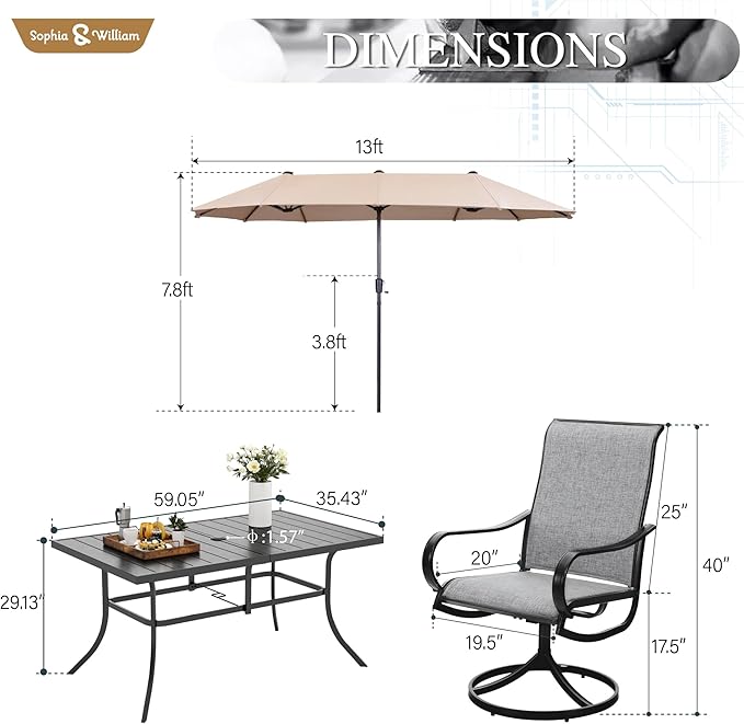 Sophia & William Patio Set with Umbrella 8 Pieces Outdoor Dining Set for 6 with 13ft Large Patio Umbrella Beige, 6 x Grey Swivel Patio Chairs with 59" Dining Table for Lawn Garden