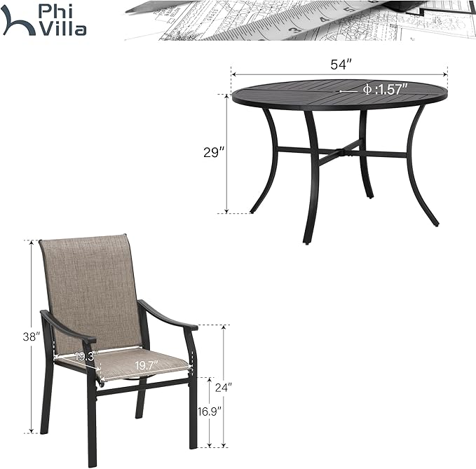 PHI VILLA 7 PCS Patio Dining Table and Chairs,Round Metal Dining Table with 6 Dining Chairs,Sling Fabric and Metal Frame,Outdoor Dining Set for Yard Garden