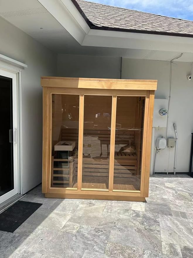 Outdoor Corner Steam Sauna for 2-4 Person, Canadian Hemlock, 6KW ETL Harvia Heater, Modern Sauna Box with Waterproof Asphalt Tiles, Left Door, 220V (0-195℉)