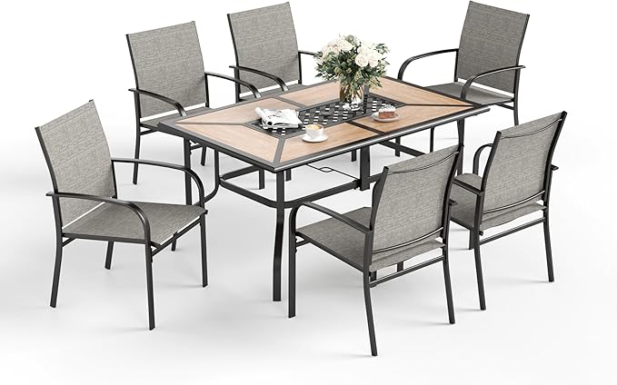 7 Pcs Patio Dining Set for 6, Metal Rectangular Dining Table (PVC Table Top) with Umbrella Hole and 6 Chairs, Outdoor Dining Set for Lawn Garden Deck, Brown