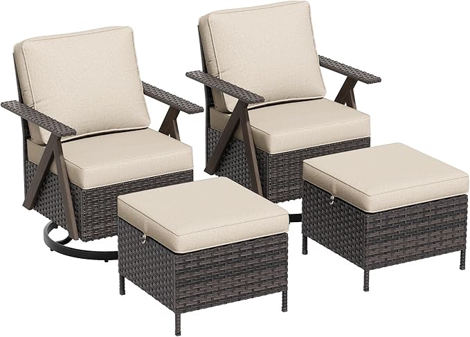Outdoor Swivel Rocker Chairs Set of 4, Wicker Swivel Patio Chair with Ottomans, Patio Furniture Set for Outside Backyard
