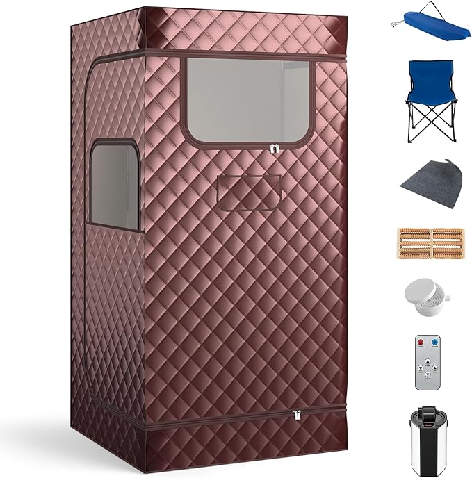 Giantex Portable Sauna Box, Full Body Steam Sauna for Home with 3L Generator, Remote Control, Folding Chair & Wooden Foot Roller, Lightweight Single Person Sauna Tent, 36" x 36" x 72", Coffee