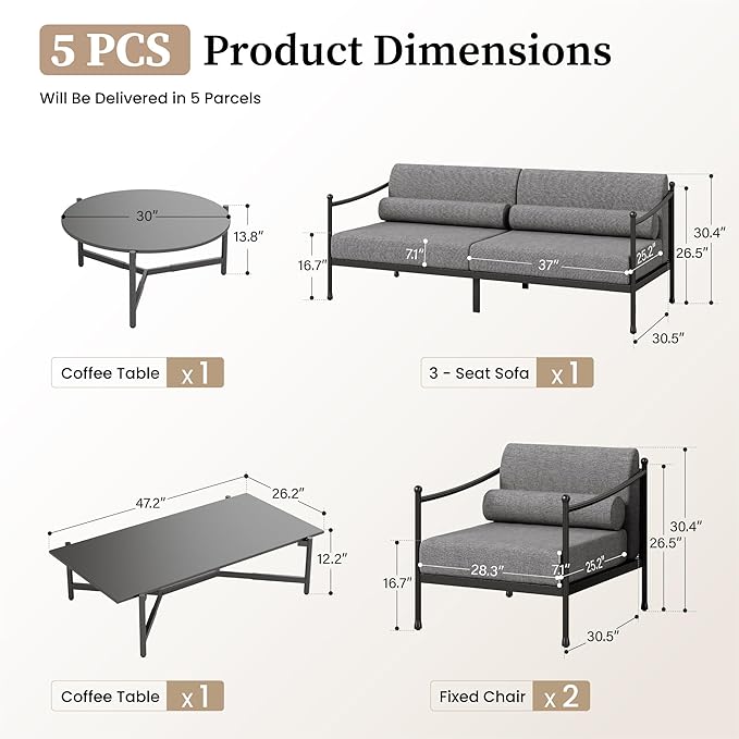 Patio Conversation Set,5 Pcs Metal Outdoor Furniture Set with Aluminum Armrest,3-Seater Sofa,2 Fixed Chairs,Metal Nested Table and 7.1" Extra Thick Cushion,Grey