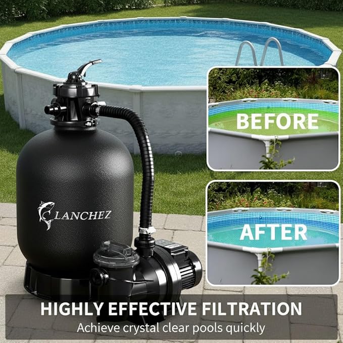 LANCHEZ 16" Sand Filter Pump for Above Ground Pool with Timer, 1.5 HP, Max 4900 GPH for Pools Up to 16000 GAL, 6-Way Valve Pool Sand Filter System, Enhanced Circulation for Crystal-Clear Pool