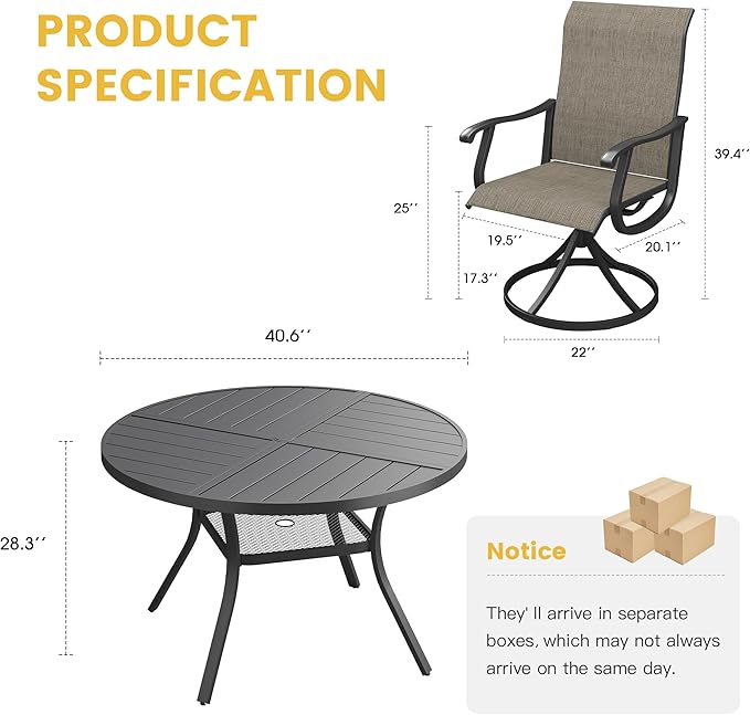 VICLLAX 5 Pieces Patio Dining Set for 4, Outdoor Furniture Set Includes 40.6" Round Outdoor Table and 4 Patio Swivel Chairs for Lawn Garden, Black Tabletop and Mixed Brown Fabric