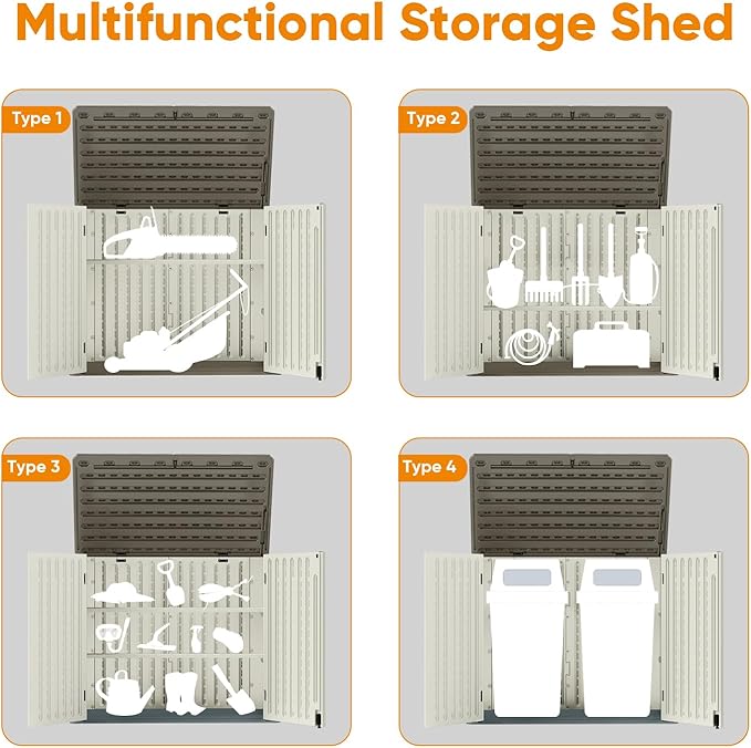 4.4 x 3.8 FT Outdoor Storage Shed, 47 Cuft Outside Waterproof Storage Cabinet, HDPE Resin Plastic 290 Gallon Outdoor Storage Container, Horizontal Lockable Storage Shed, Vanilla