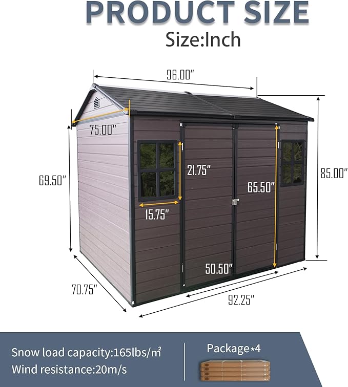 8x6 ft Resin Outdoor Storage Shed with Two-Window and Double-Door, Plastic Shed with Floor for Gargen, Patio, Yard, Lawn, Grey (1 Doors) (Brown, 8x6 ft)
