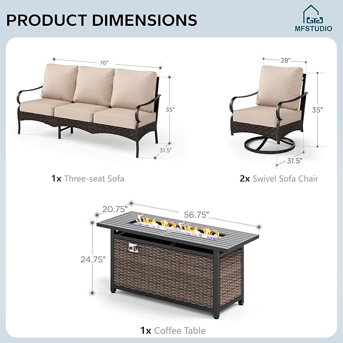 MFSTUDIO 4 Pieces Outdoor Patio Furniture Set, Metal Outdoor Conversation Set, Rattan Wicker Patio Sectional Set with 2 x Swivel Single Sofa, 3-Seat Sofa, 1 x Fire Pit Table, Beige