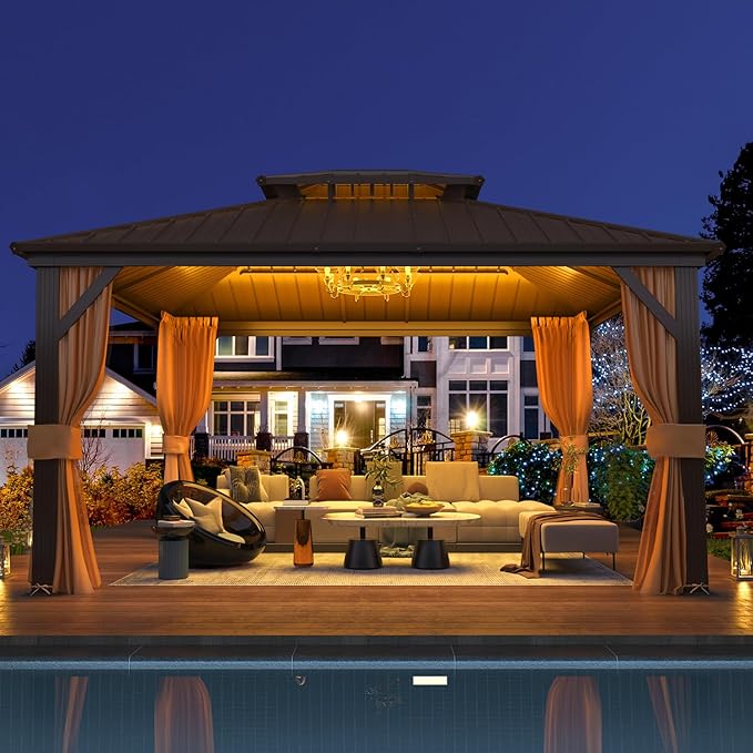 EROMMY 12' x 14' Hardtop Gazebo, Aluminum Frame Gazebos with Galvanized Steel Double Roof, Permanent Outdoor Metal Pavilion with Curtain and Netting for Patio, Lawn, Deck
