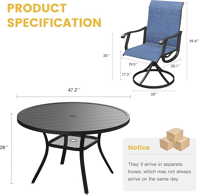 VICLLAX Patio Dining Set for 6, 7 Pieces Outdoor Furniture Includes 47.2" Round Patio Table with Umbrella Hole and 6 Outdoor Swivel Chairs for Lawn Garden, Black Tabletop and Blue Fabric