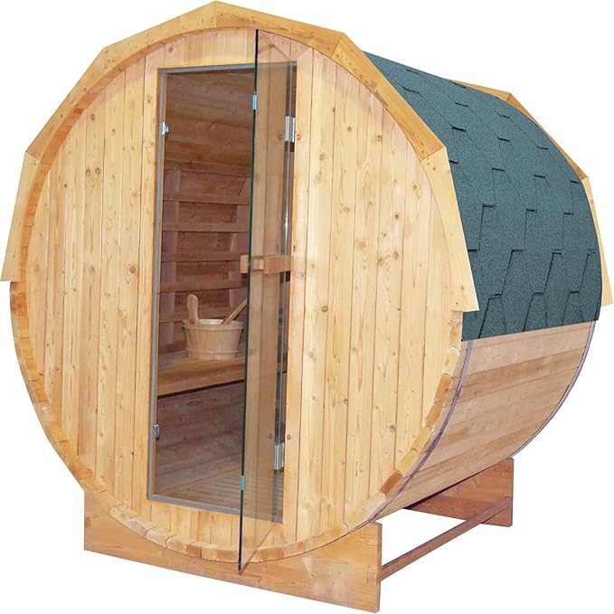 Outdoor Traditional Steam Sauna Barrel Sauna, 4 Person Outdoor Sauna 4.5KW/240V Stove Heater, Finnish Carbonized Spruce with Wooden Barrel, Spoon, Sauna Stone, LED Light - 59 * 70.9 * 75.9 in