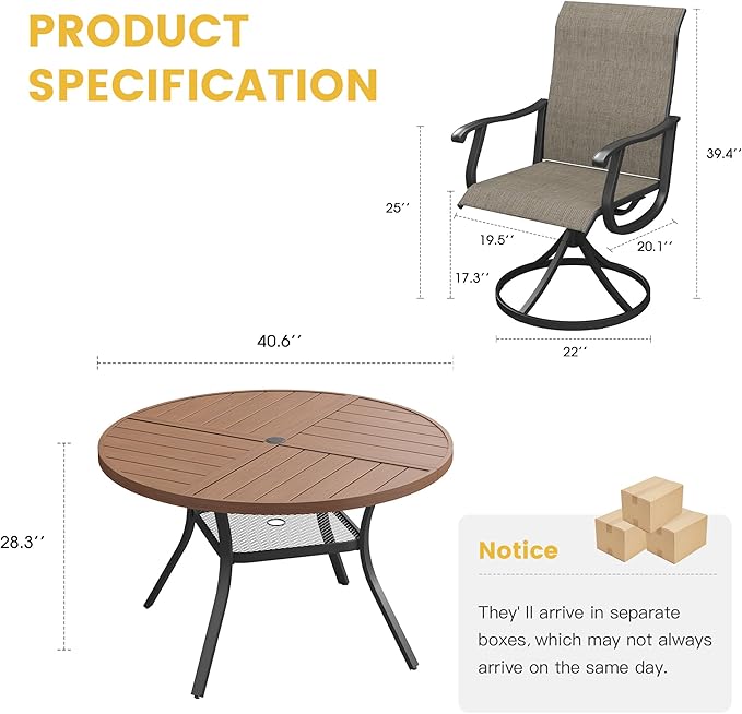 VICLLAX 5 Pieces Patio Dining Set for 4, Outdoor Furniture Set Includes 40.6" Square Outdoor Table and 4 Patio Swivel Chairs for Lawn Garden, Walnut Tabletop and Mixed Brown Fabric