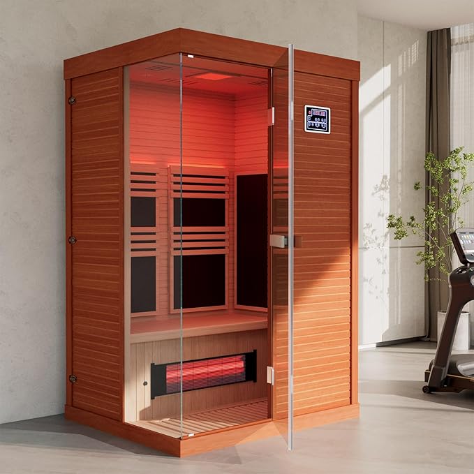 OnxyEdge 2-Person Full Spectrum Sauna with 6.5 * 6.5" Red Light Therapy & 2 Built-in Speakers, Indoor Dry Sauna 1990W/120V with Dual LED Controls for Home & Gym – Canadian Hemlock Spa Room (Wood)