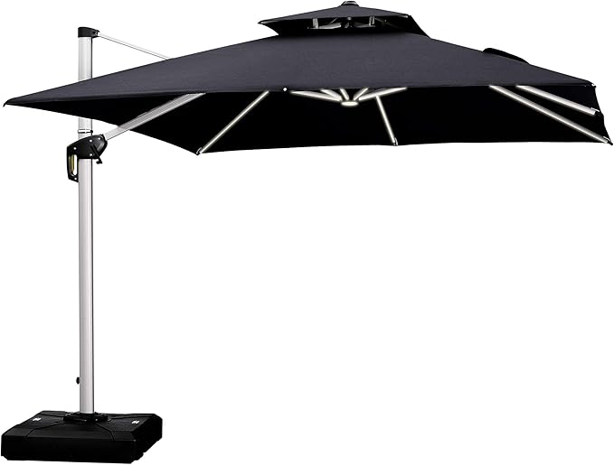 PURPLE LEAF 10 Feet Double Top Deluxe Solar Powered LED Square Patio Umbrella Offset Hanging Umbrella Outdoor Market Umbrella Garden Umbrella, Black