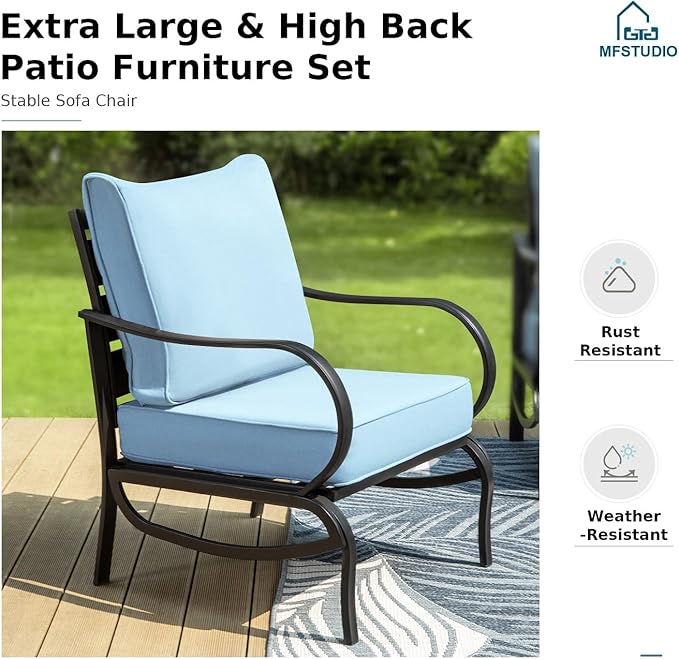 MFSTUDIO 6 Pieces Metal Patio Furniture Sets, 2 Swivel Chairs, 3-Seat Loveseat Sofa, 2 Patio Chairs & 1 Marbling Coffee Table, All Weather 7 Seats Outdoor Conversation Set for Garden Backyard, Blue