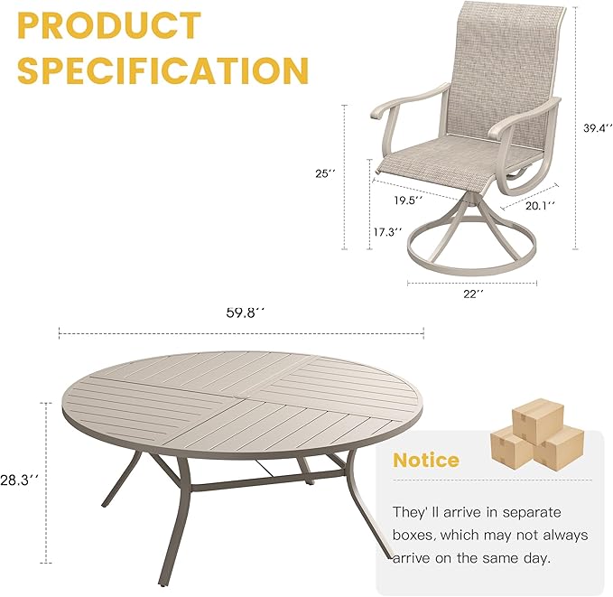 VICLLAX 9 Pieces Patio Dining Set for 8 Includes 60" Outdoor Round Table and 8 Patio Swivel Chairs for Lawn Garden, Sandshell Color Tabletop and Fabric
