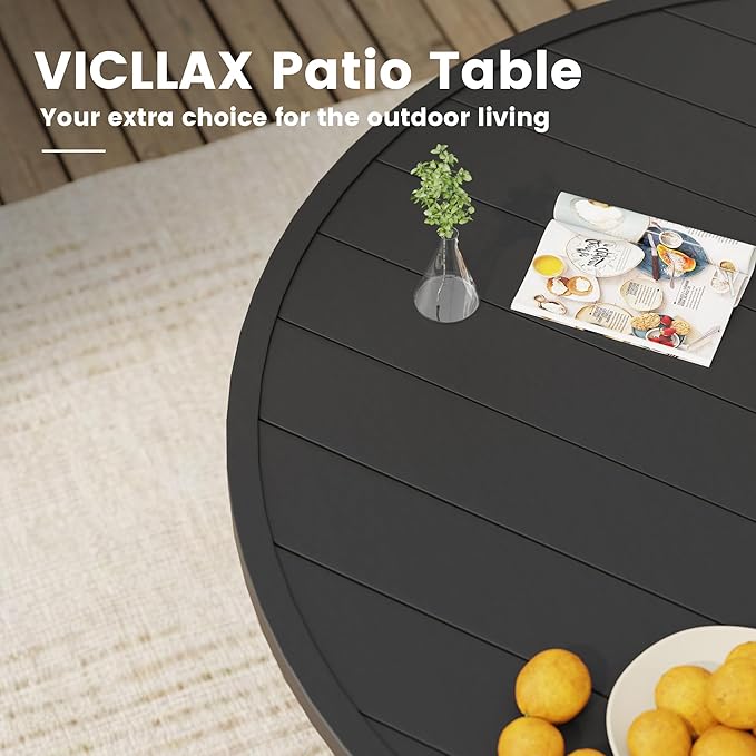 VICLLAX Outdoor Patio Round Dining Table, 53"x 53" Metal Slatted Round Tabletop with Adjustable Umbrella Hole for Deck Lawn Garden Backyard, Black