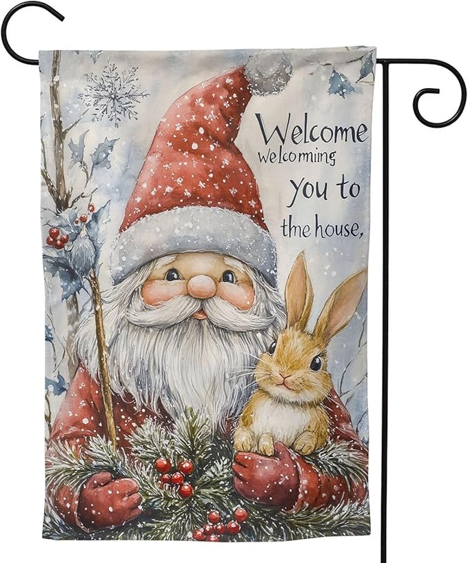 Christmas Gnome Rabbit Garden Flag Vertical Double Sided Outdoor Yard Flags 12.5x18 Inch Burlap Banners Vertical Double Sided for Outdoor Decor Lawn