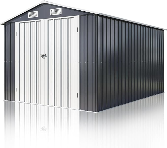 8x12 FT Outdoor Storage Shed, Metal Garden Tool Shed with Updated Frame Structure and Lockable Doors, Ideal for Backyard Garden Patio Lawn, Grey