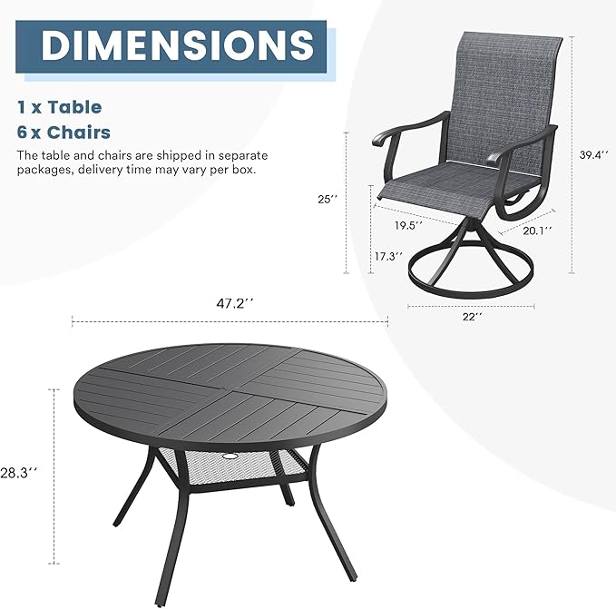 DIFY 7 Pieces Outdoor Patio Dining Set, 6 Dark Grey Textilene Swivel Dining Chairs and 47.2" Black Round Metal Dining Table, Outdoor Table and Chairs