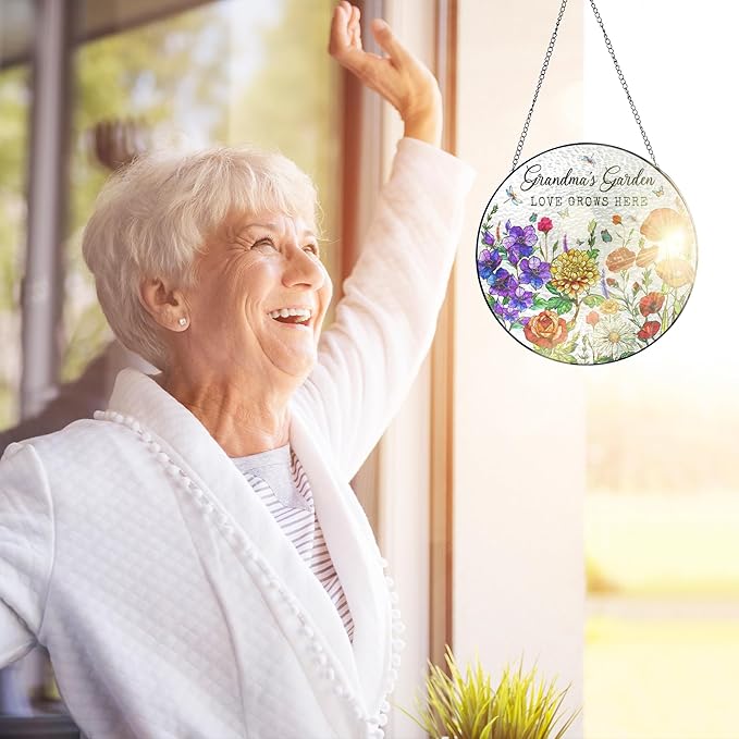 FLAGWIX Christmas Grandma Gifts - Grandmas Garden Stained Glass Window Hanging with Base 8 in - Christmas Decorations Nana Gigi Gifts for Grandma, Sun Catchers Indoor Window for Home Garden Decor