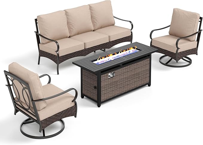 Patio Furniture Set with 56" Fire Pit Table, Premium Outdoor Wicker Metal Frame Furniture with Upgraded Waterproof Thick Cushions for Porch, Poolside, Deck, and Yard(4 Pieces,Beige