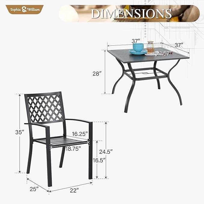 Sophia & William Patio Table and Chairs Set, Outdoor Dining Set for 4, 5 Piece Metal Patio Furniture, 37" Black Square Table(Beehive)
