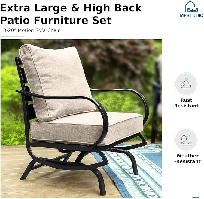MFSTUDIO 4 Pieces Patio Conversation Sets, All Weather Metal Frame Outdoor Furniture Set Patio Sofas with 1 x 45 Rectangular Propane Fire Table, 1 x 3-Seat Sofa, 2 x Rocking Chairs, Beige Cushion
