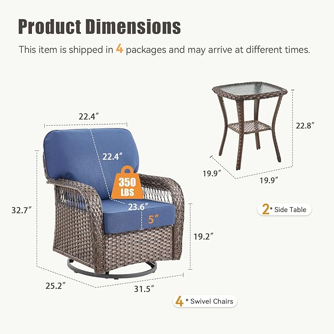 Patio Furniture Sets, 6 Pieces Wicker Outdoor Furniture with Patio Sidetables - 360 Degree Swivel Rocking Chairs and Rattan Side Table for Garden, Porch, Backyard, Blue/Brown Wicker