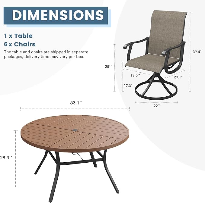 DIFY 7 Pieces Outdoor Patio Dining Set, 6 Brown Textilene Swivel Dining Chairs and 53.1" Walnut Round Metal Dining Table, Outdoor Table and Chairs
