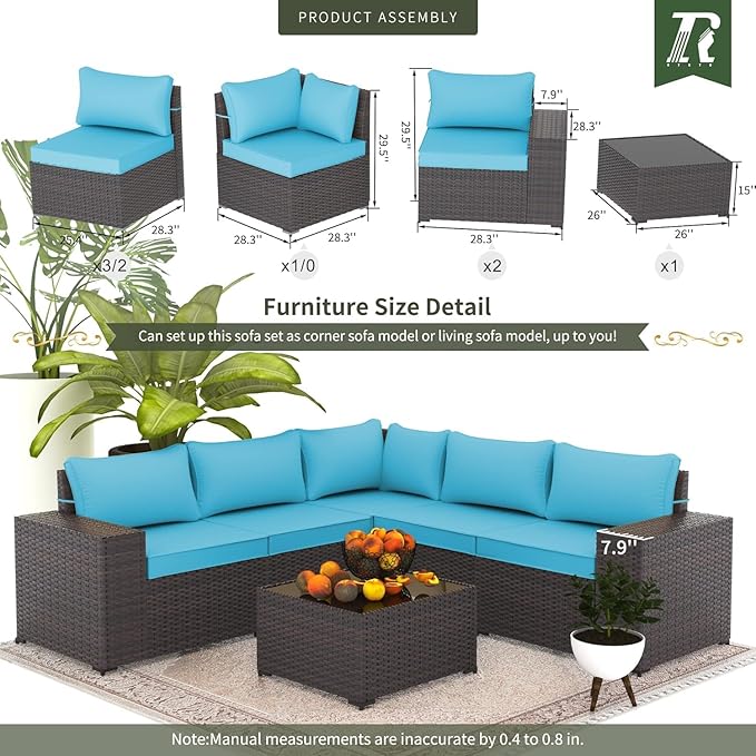 10 Pieces Outdoor Patio Furniture Set Outdoor Furniture Patio Sectional Sofa Conversation Sets w/ETL Approved 45" Gas Outdoor Fire Table & Coffee Table, Swivel Rocking Chair (Turquoise)