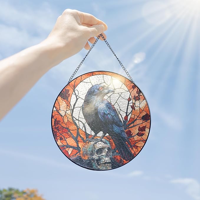 FLAGWIX Halloween Decorations Indoor - Stained Glass Window Hanging 8 in - Gothic Raven Skull Sun Catcher, Crow Halloween Decor, Black Crows Sun Catchers Indoor Window, Fall Decorations for Home