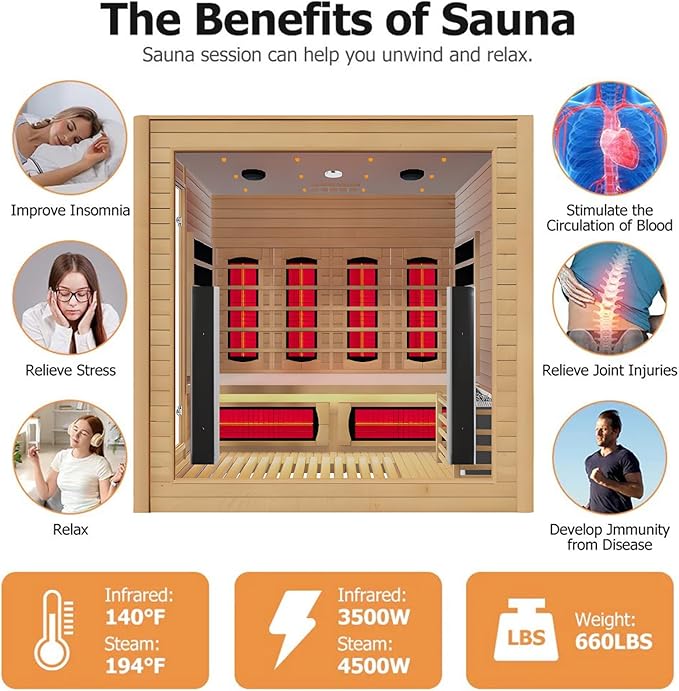3-4 Person Hybrid WiFi Control Indoor Sauna, Far Infrared Wood Steam Sauna Room, Canadian Hemlock, Red Light Therapy, 11 Heating Elements & Electric Stove, Large Tempered Glass Door, Left Door