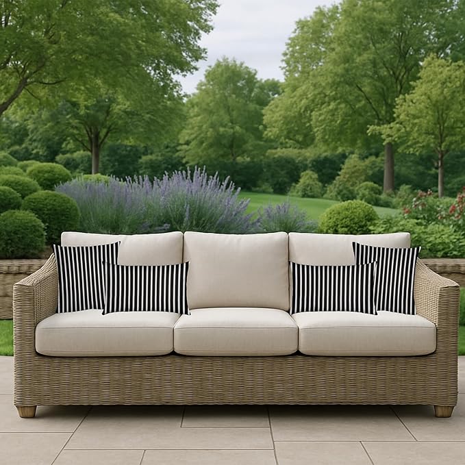 RSH DECOR: Sunbrella Lumbar & Square Pillows Set of 4 | 20" x 12" & 17" x 17" | Water and Fade-Resistant Performance Fabric | Outdoor Throw Pillows for Patio Furniture | Shore Classic