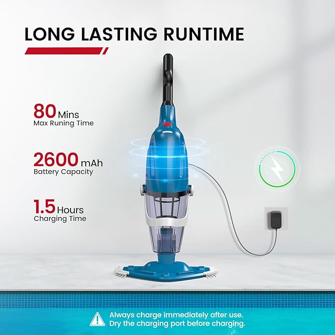 Enhulk Pool Vacuum for Above Ground Pool, 2025 Upgraded Pool Vacuum with A Telescopic Pole, 18.5 Gal/Min Powerful Suction, 80Mins Runtime, Effortlessly Cleans Debris Underwater (Blue)