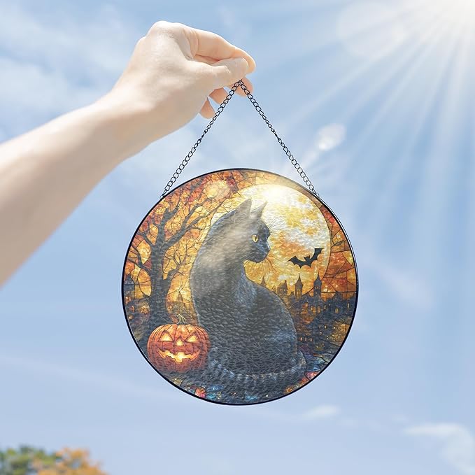 FLAGWIX Halloween Decorations Indoor - Stained Glass Window Hanging 8 in - Black Cat Gifts for Women Men, Witchy Gifts for Cat Lovers, Halloween Sun Catchers Indoor Window, Fall Decorations for Home