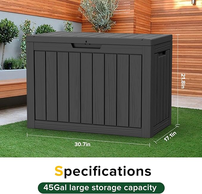 45GAL Black Outdoor Storage Deck Box with Secure Lock Hole - Weatherproof, SGS Certified UV Resistance, Suitable for Pool Toys and Patio Decor Storage, Features Sturdy Side Handles for Easy Transport