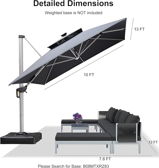 PURPLE LEAF 10' X 13' Double Top Deluxe Solar Powered LED Rectangle Patio Umbrella Offset Hanging Umbrella Outdoor Cantilever Umbrella, Grey