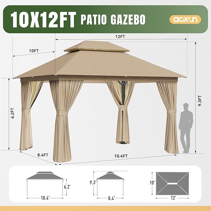 AOXUN Outdoor Gazebo for Patio 10x12, Metal Frame Canopy with Double Roofs, Heavy Duty Party Tent and Shelter with Mosquito Netting and Privacy Screen for Backyard, Lawn, Garden, Deck