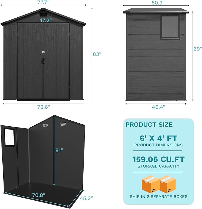 Devoko 6x4 FT Plastic Outdoor Storage Shed - Lockable Resin Tool Shed with Window & Floor - Easy Assembly for Garden, Backyard, Dark Gray
