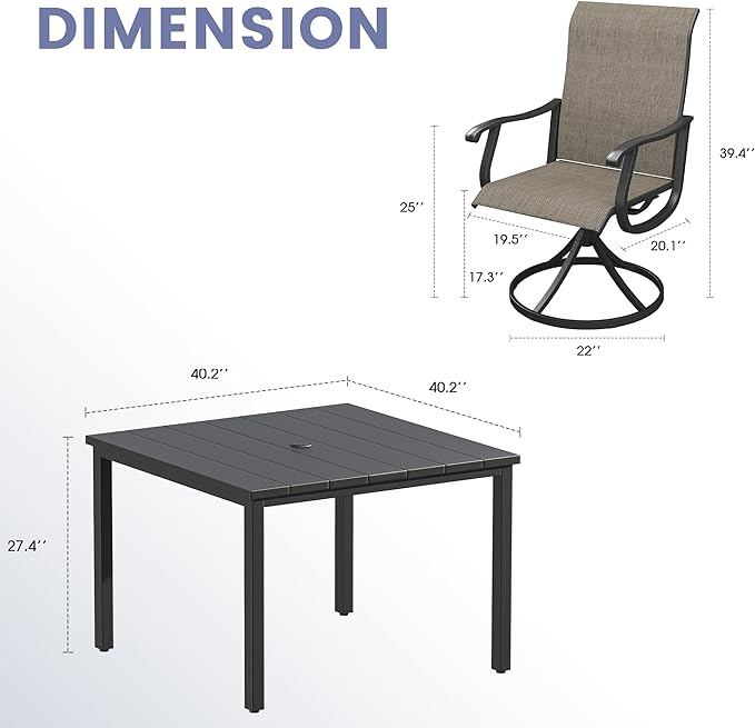 VICLLAX 5 Pieces Outdoor Dining Set, Patio Furniture Set of 4 Patio Swivel Dining Chairs and Square Patio Table, Mixed Brown Chairs & Black Tabletop