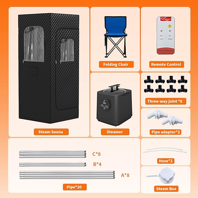 Portable Steam Sauna Box for Home, Infrared Sauna Tent with 3L Steam Generator, Remote Control, 15 Temperature Levels, 66 Minute Timer, Indoor Sauna with Foldable Chair for Home Spa,Black