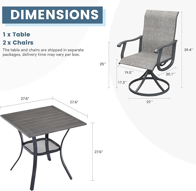 DIFY 3 Pieces Outdoor Patio Dining Set for 2, 27.6" Small Grey Wood-Like Walnut Square Metal Dining Table and 2 Grey Textilene Swivel Dining Chairs, Outdoor Table and Chairs