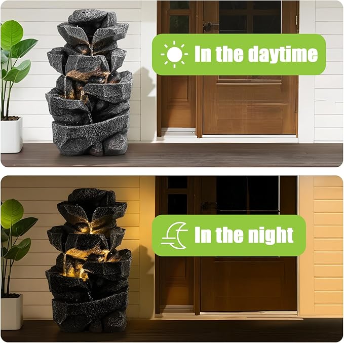 Outdoor 5-Tiers Cascading Rock Water Fountain, Waterfall Fountain with LED Lights, Outdoor Fountains and Waterfalls for Garden or Patio, Yard, and Deck Decor with Natural Stone Look