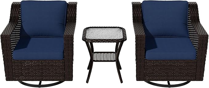 Vista Vibe 3 Pieces Outdoor Patio Conversation Furniture Set - 360 Degree Swivel Glider Rocker Chairs | Wicker End Table, Washable Cushions, Hand-Woven PE Rattan, Lawn, Sunroom (Brown/Navy)