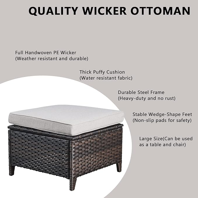 Rilyson Wicker Outdoor Patio Furniture Set - 7 Piece Patio Conversation Sets with Swivel Rocker Chairs, Ottomans and Sofa, 6 inch Cushions, Waterproof Wicker, for Porch Deck Brown/Beige