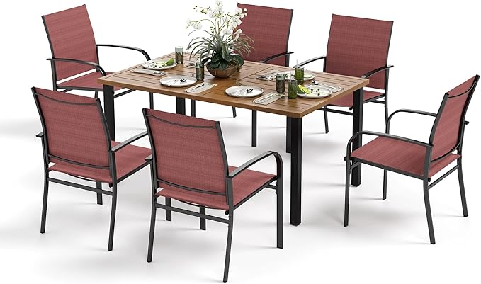 Patio Table and Chairs Set, Outdoor Dining Set for 6 with Red Chairs and Teak Color Tabletop Outdoor Dining Table, 7-Piece Patio Furniture Set for Deck Backyard Lawn